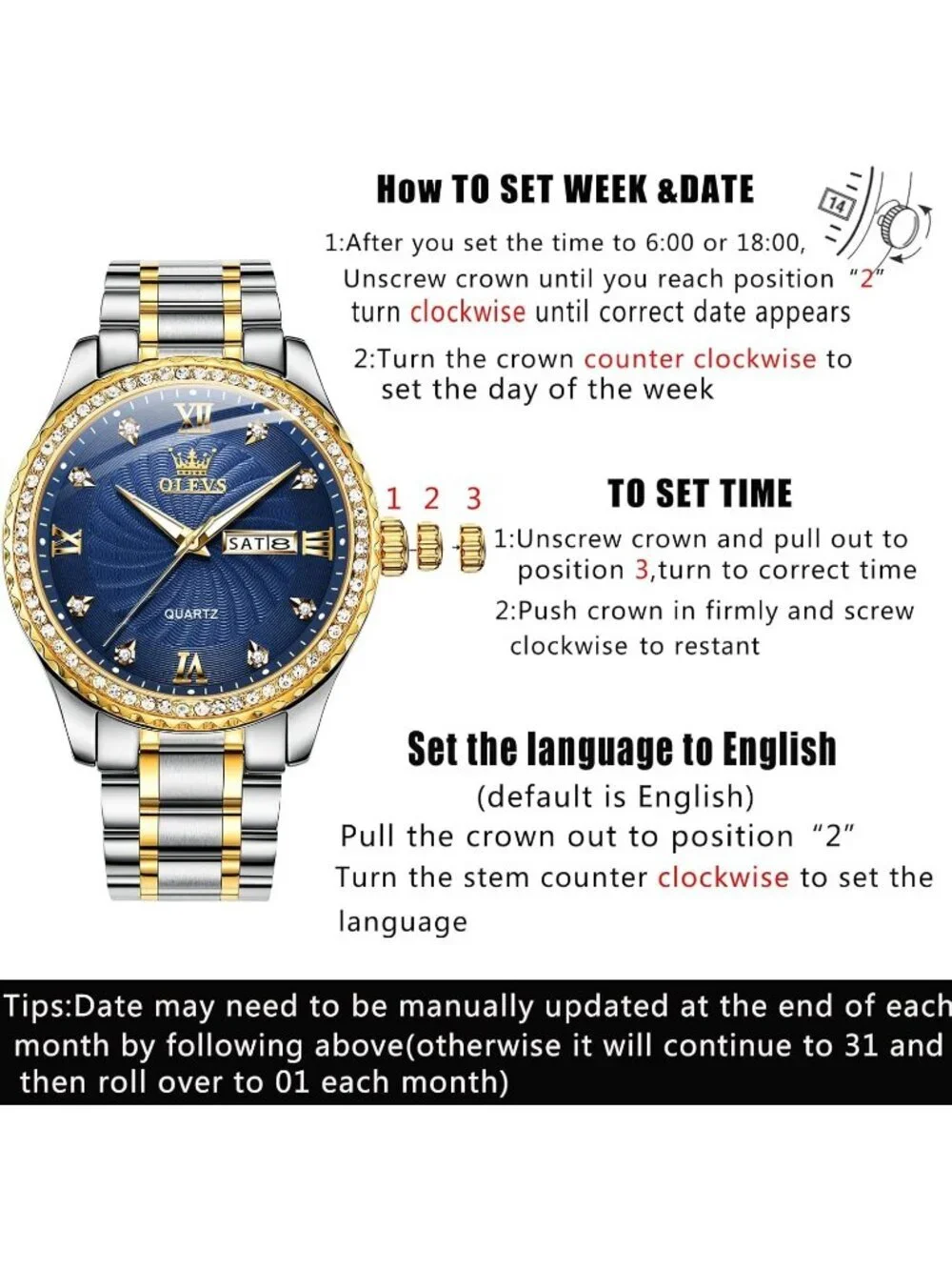Men's Gold Blue Big Dial Analog Quartz Stainless Steel Relojes Waterproof Watch